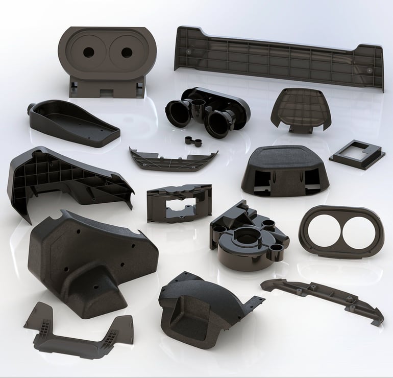 Automotive and machined parts made using the mentioned injection molding materials