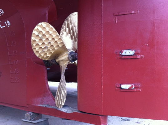 A newly installed boat propeller made from AMPCO® 18