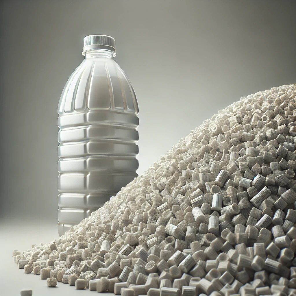 Pellets and a bottle made from recycled plastics